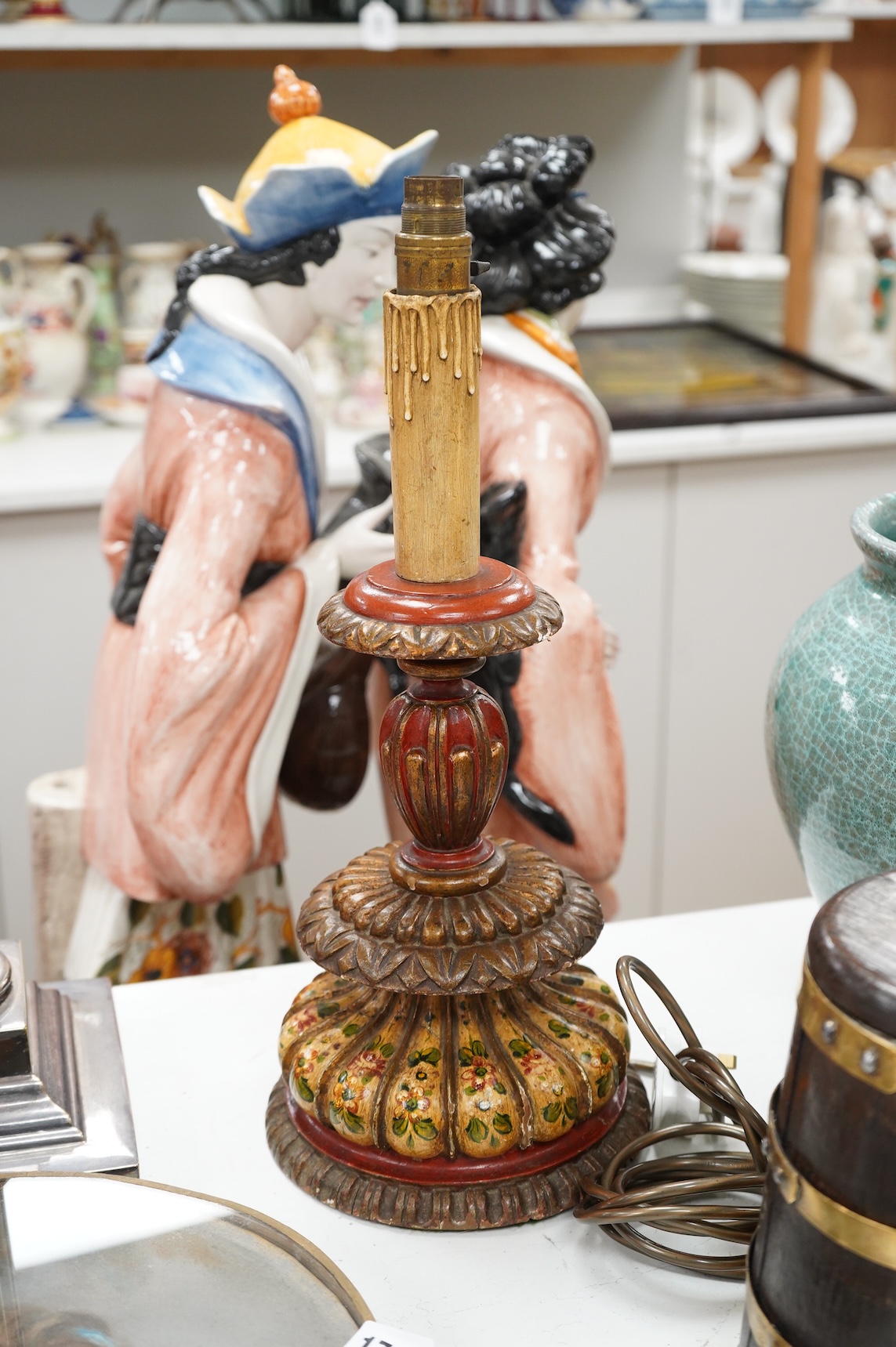 A Kashmiri painted wood lamp and brass bound oak barrel, largest overall 45cm high
